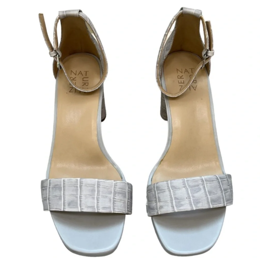 Naturalizer Joy Icy Gray Croc Embossed Leather Ankle Strap Block Heels Size 9.5W